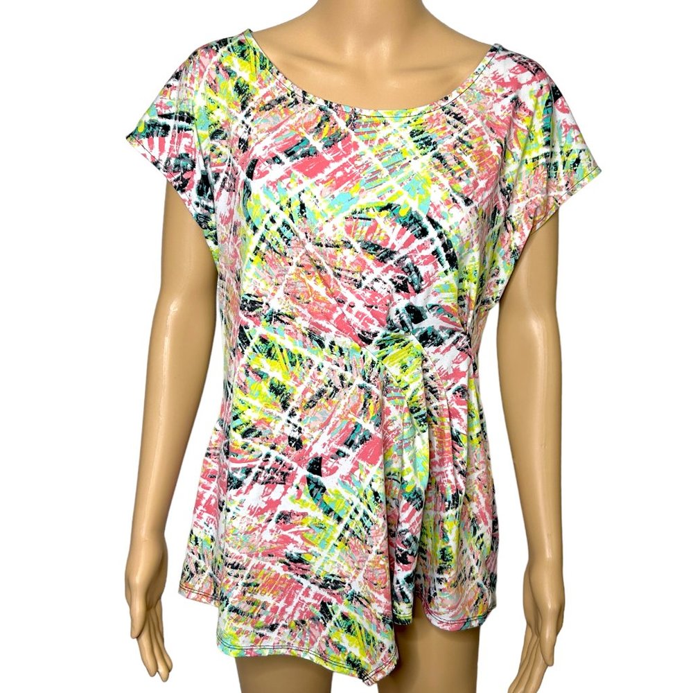 Relativity Womens L Stretch Multicolor Yellow Pink Cap Short Sleeve Shirt Blouse